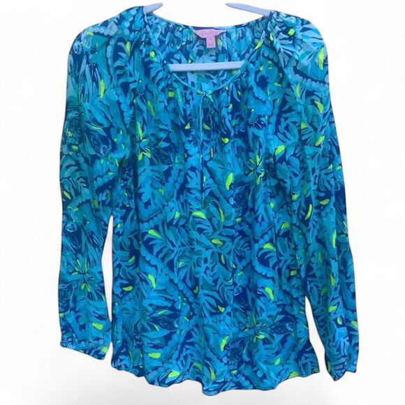 Lilly Pulitzer Blue Green Tropical Print Rayon Blouse Top Long Sleeve Size Mediu - Picture 2 of 6